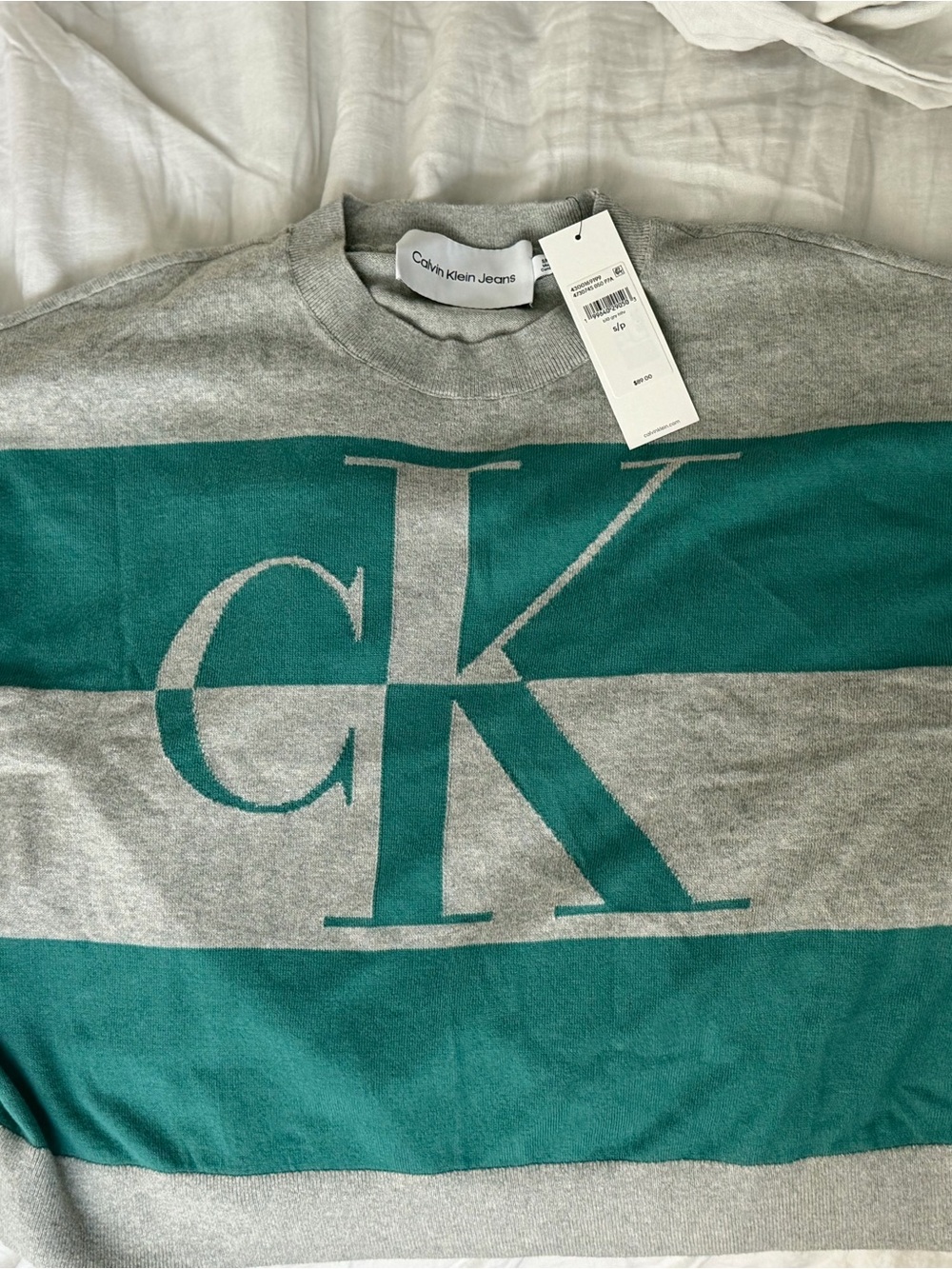 Calvin Klein Jeans Grey and Teal CK Logo Knit Sweatshirt